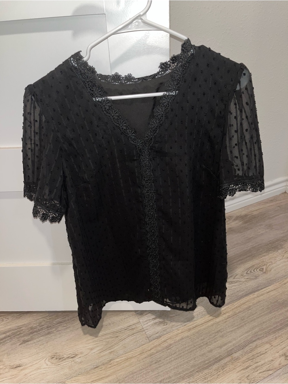 Black Lace-Trim Sheer Dot Blouse